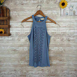 Altar'd State Women's Stone Blue Faux Suede Floral‎ Eyelet Halter Blouse  Size S